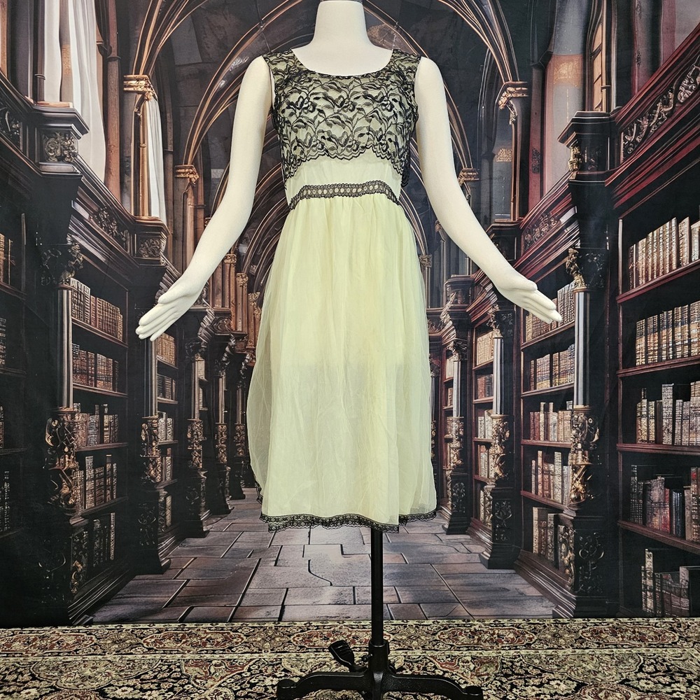 Vintage 1960s Lingerie Nightgown Slip Dress Yellow Black Lace Trim Retro Pinup - Picture 2 of 11